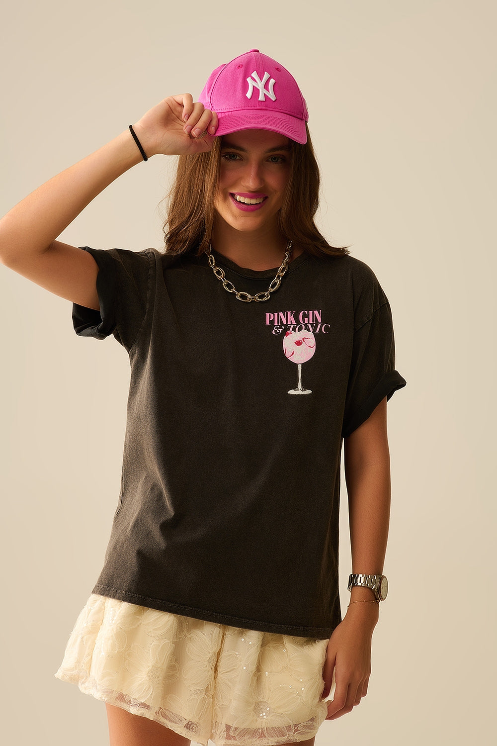 T-Shirt preta lavada PINK TONIC
