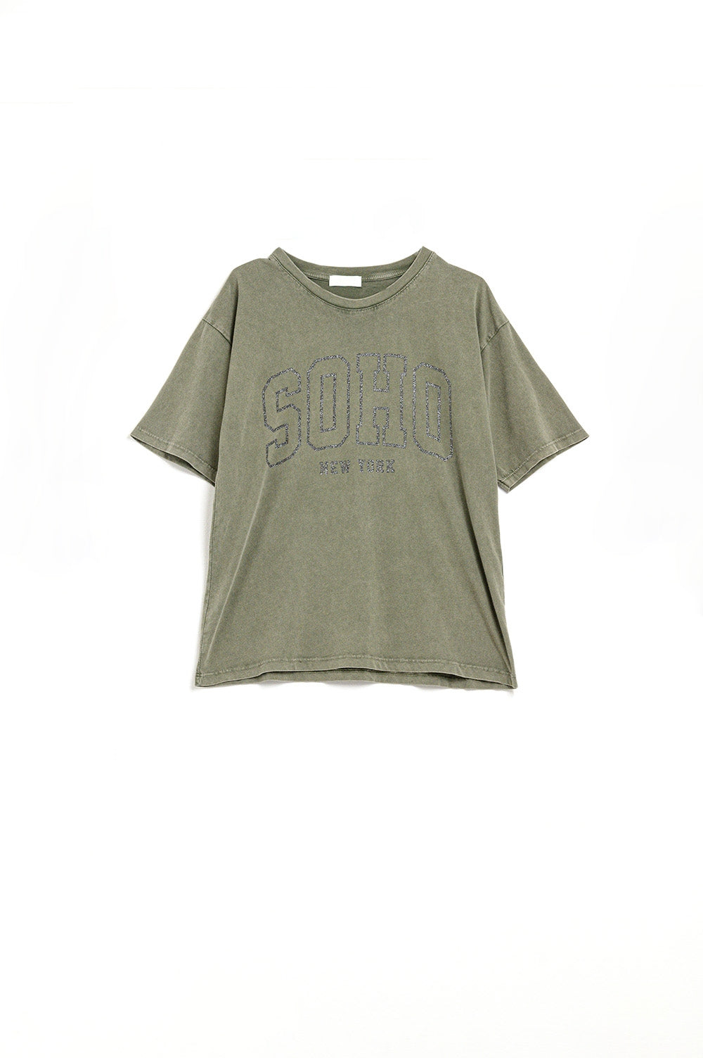 Q2 T-shirt verde caqui lavada de tamanho grande com Soho New York na frente