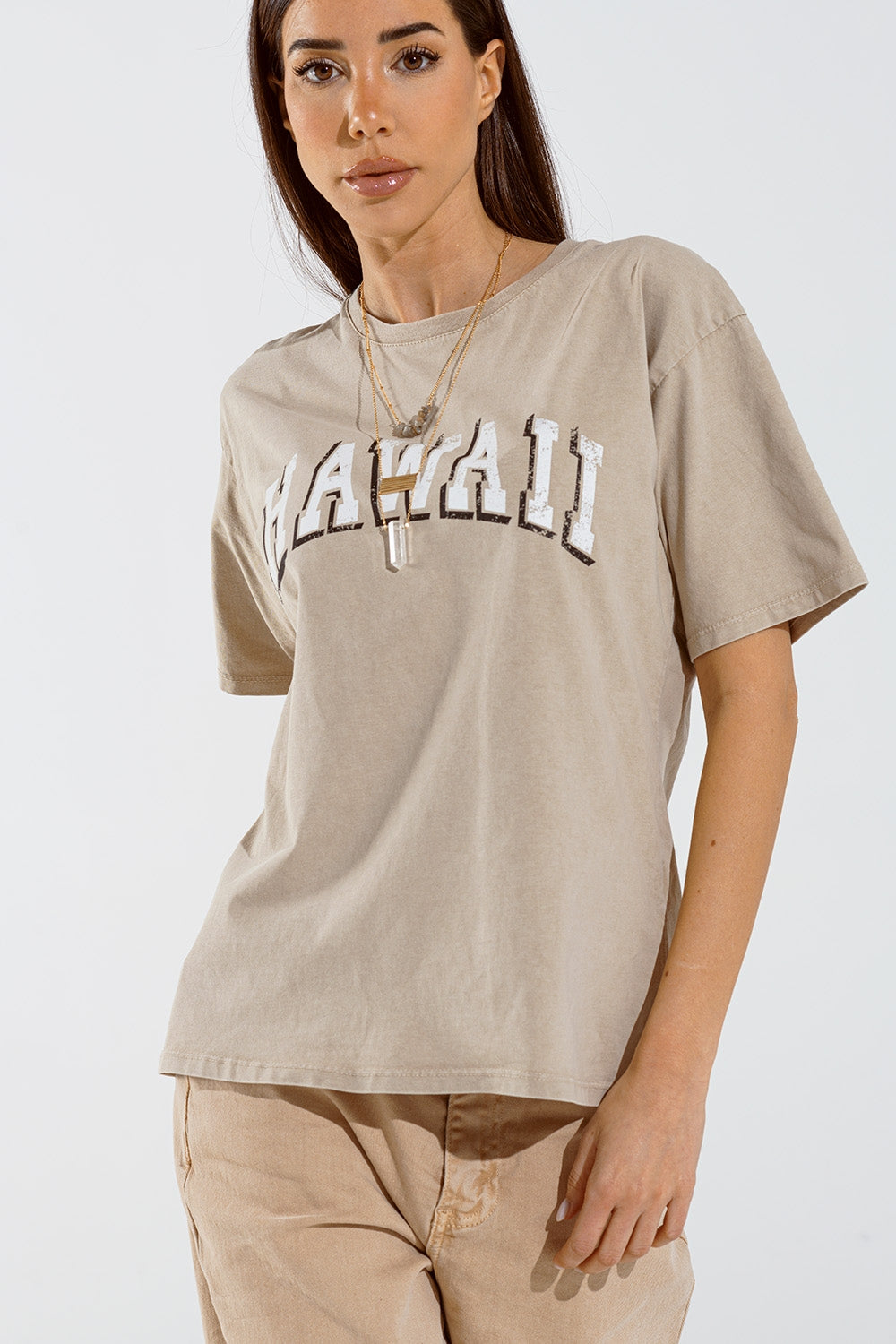 Q2 T-shirt Washed Effect Hawaii em bege