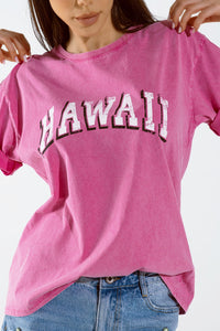 T-shirt Washed Effect Hawaii em fuschia