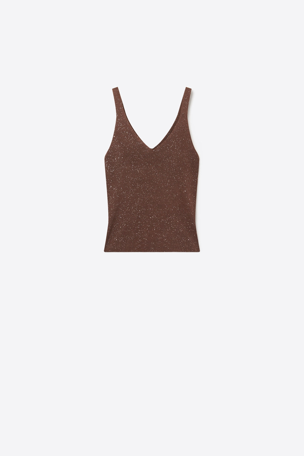 Q2 Tank Top castanho com brilhantes e brilhantes com nervuras e decote em V