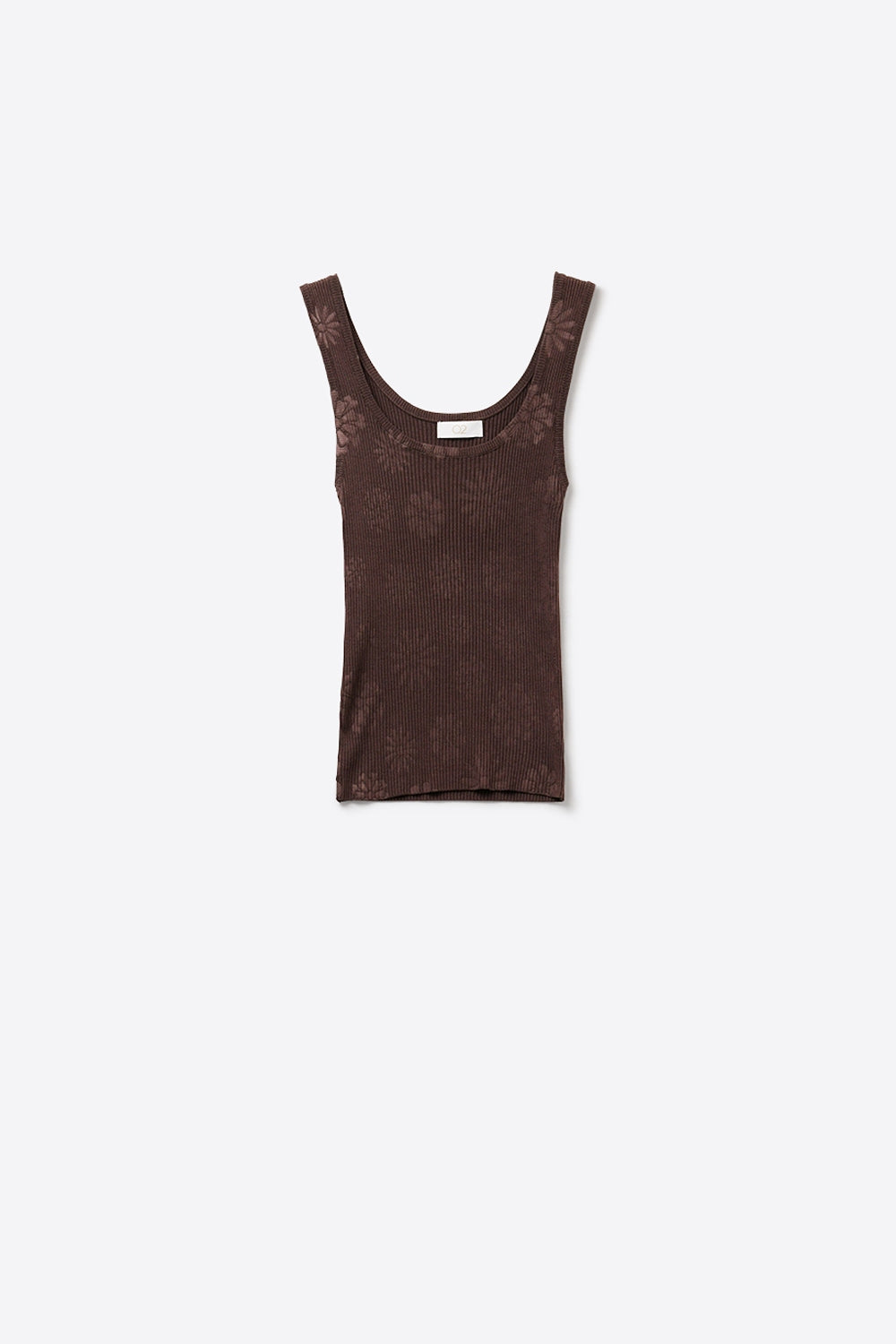 Q2 Tank Top castanho de malha canelada com gola redonda floral