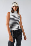Q2 Tank Top com gola de tartaruga às riscas em branco