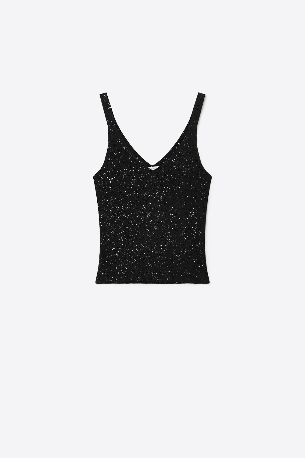 Q2 Tank Top preto com brilhantes em malha canelada com decote em V