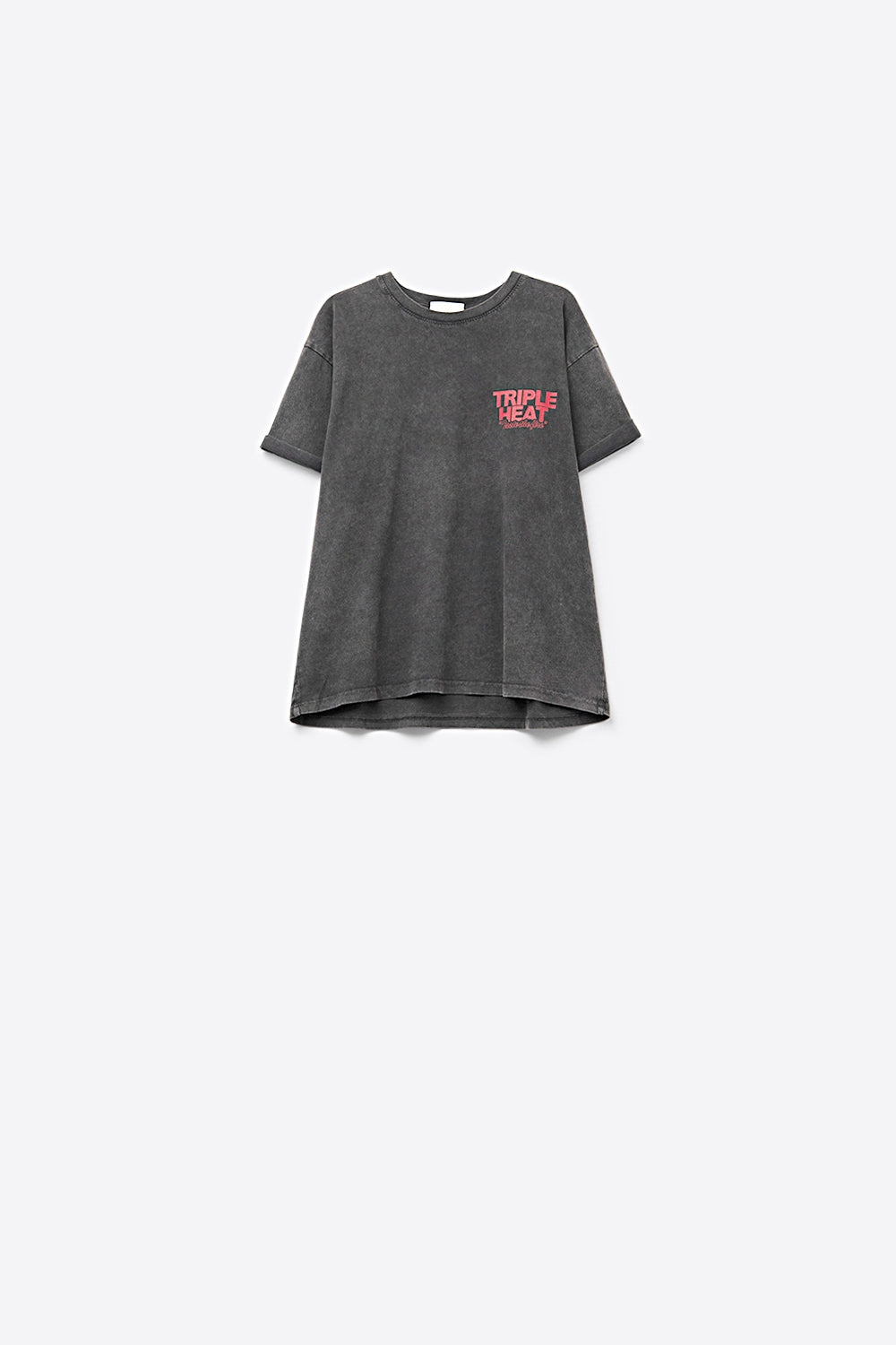 Q2 tecido preto lavado T-shirt de manga curta com o logótipo TRIPLE HEAT