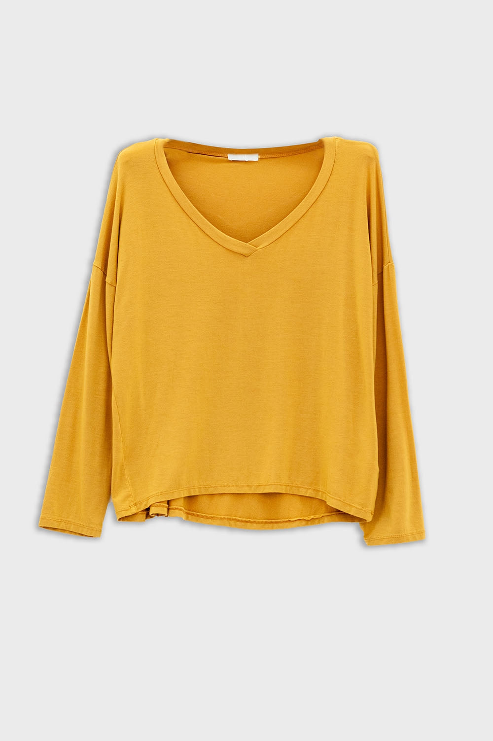 Q2 Top amarelo de manga comprida com decote em V em modal