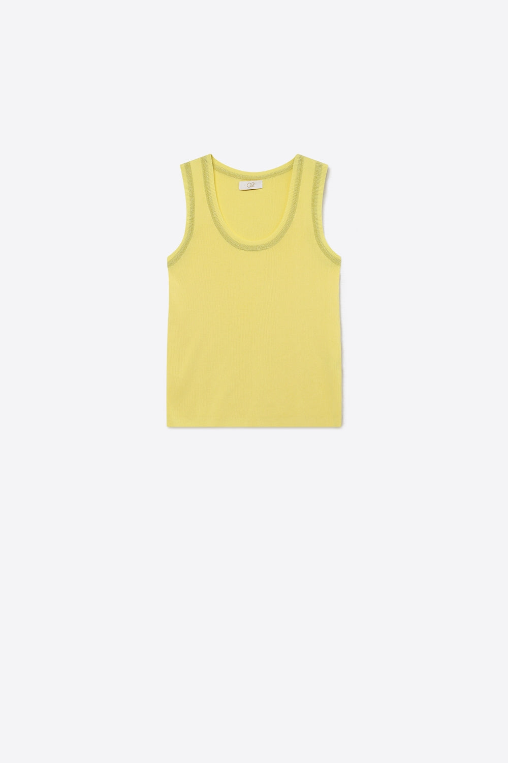 Q2 Top amarelo em malha canelada com rebordo metálico