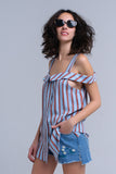 Top azul com listras de laranja