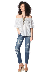 Top azul marinho estilo bohemian com ombro nu