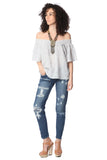 Top azul marinho estilo bohemian com ombro nu