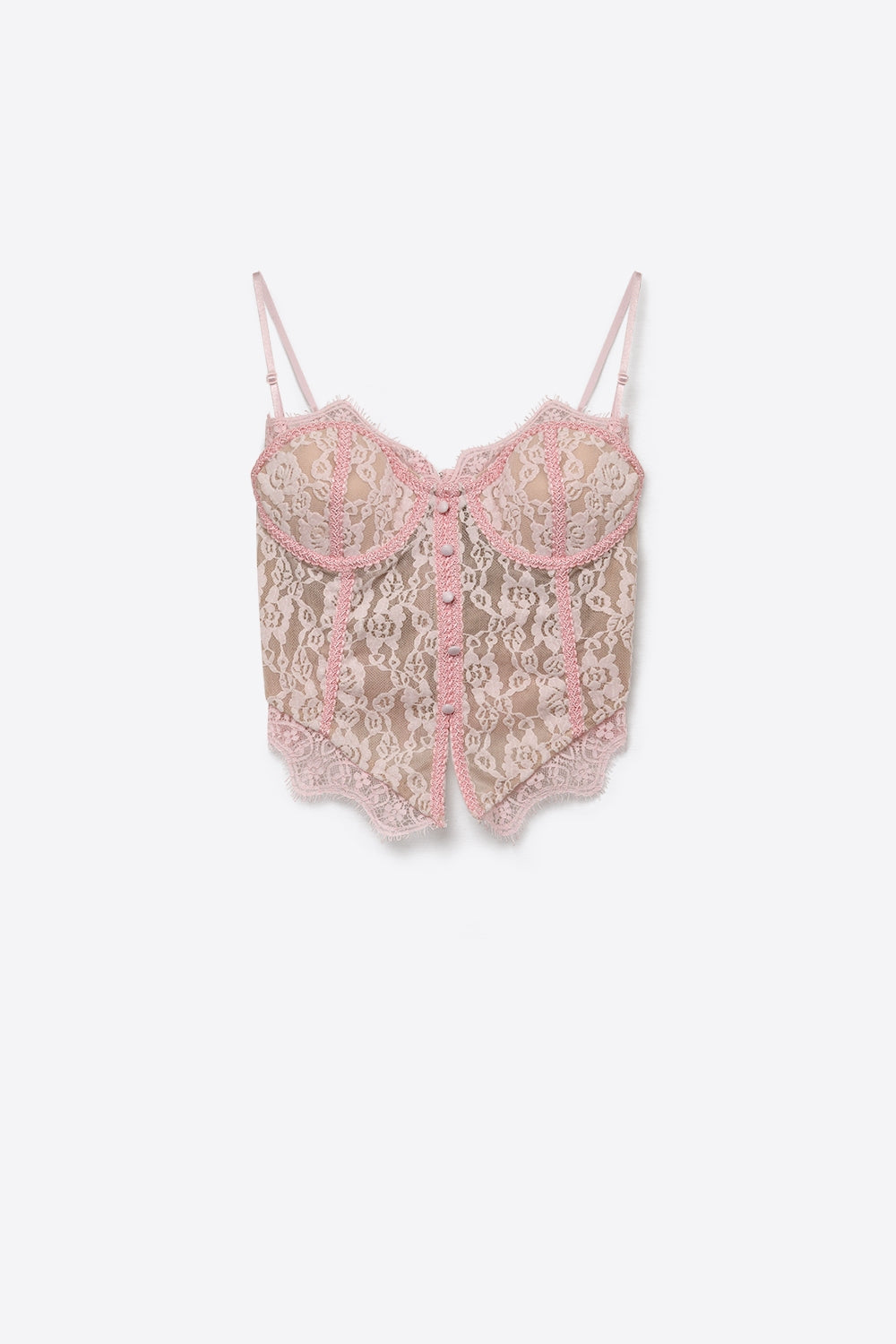 Top Bustier Cropped com Detalhe de Botão de Renda Floral Transparente em Rosa Claro