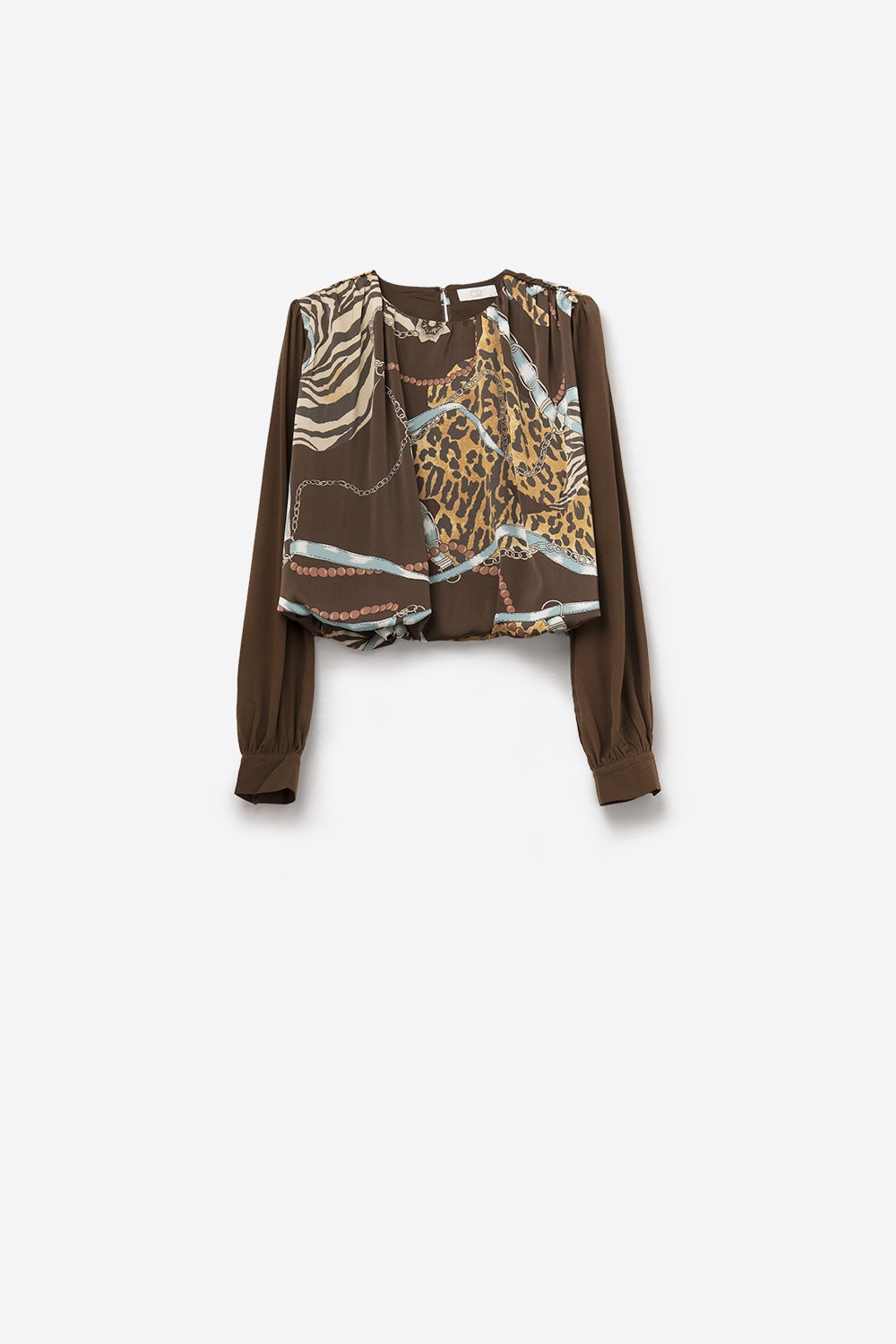 Q2 Top castanho chique com estampado abstrato