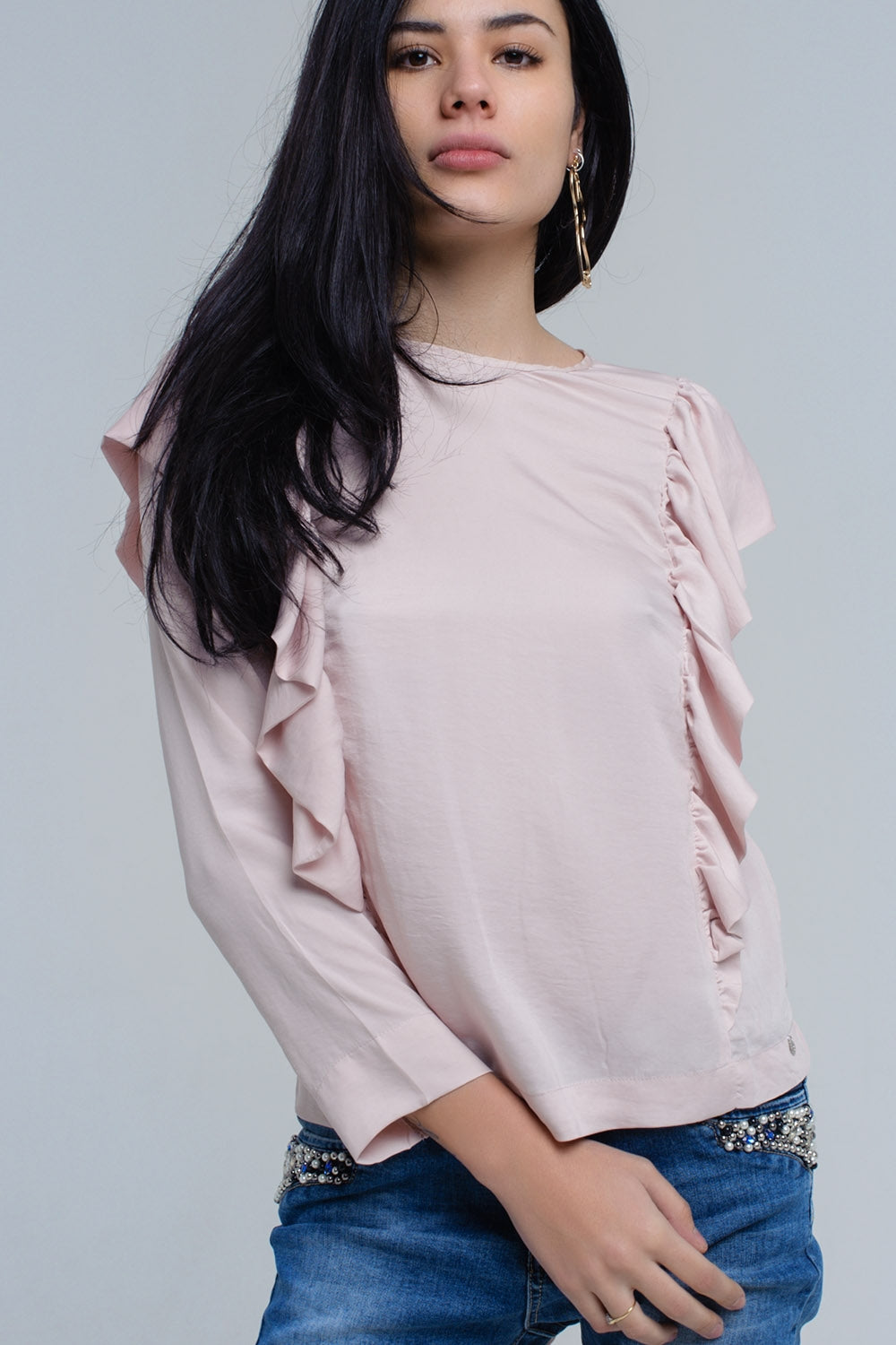 Top com detalhe de ruffle em rosa pálido