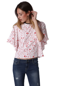 Q2 Top com mangas de anjo com impressão de estrelas vermelho