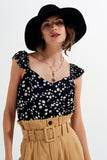 Top com tiras finas com rufos e estampas florais preto