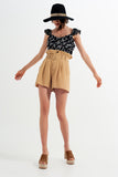 Top com tiras finas com rufos e estampas florais preto