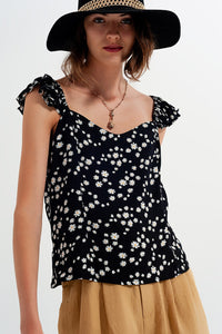 Top com tiras finas com rufos e estampas florais preto
