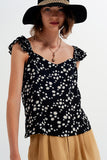 Top com tiras finas com rufos e estampas florais preto
