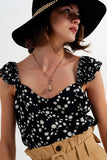 Q2 Top com tiras finas com rufos e estampas florais preto