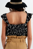 Top com tiras finas com rufos e estampas florais preto