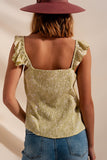 Top com tiras finas com rufos e estampas florais verde