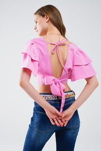 Q2 Top cor-de-rosa com mangas curtas e decote em V