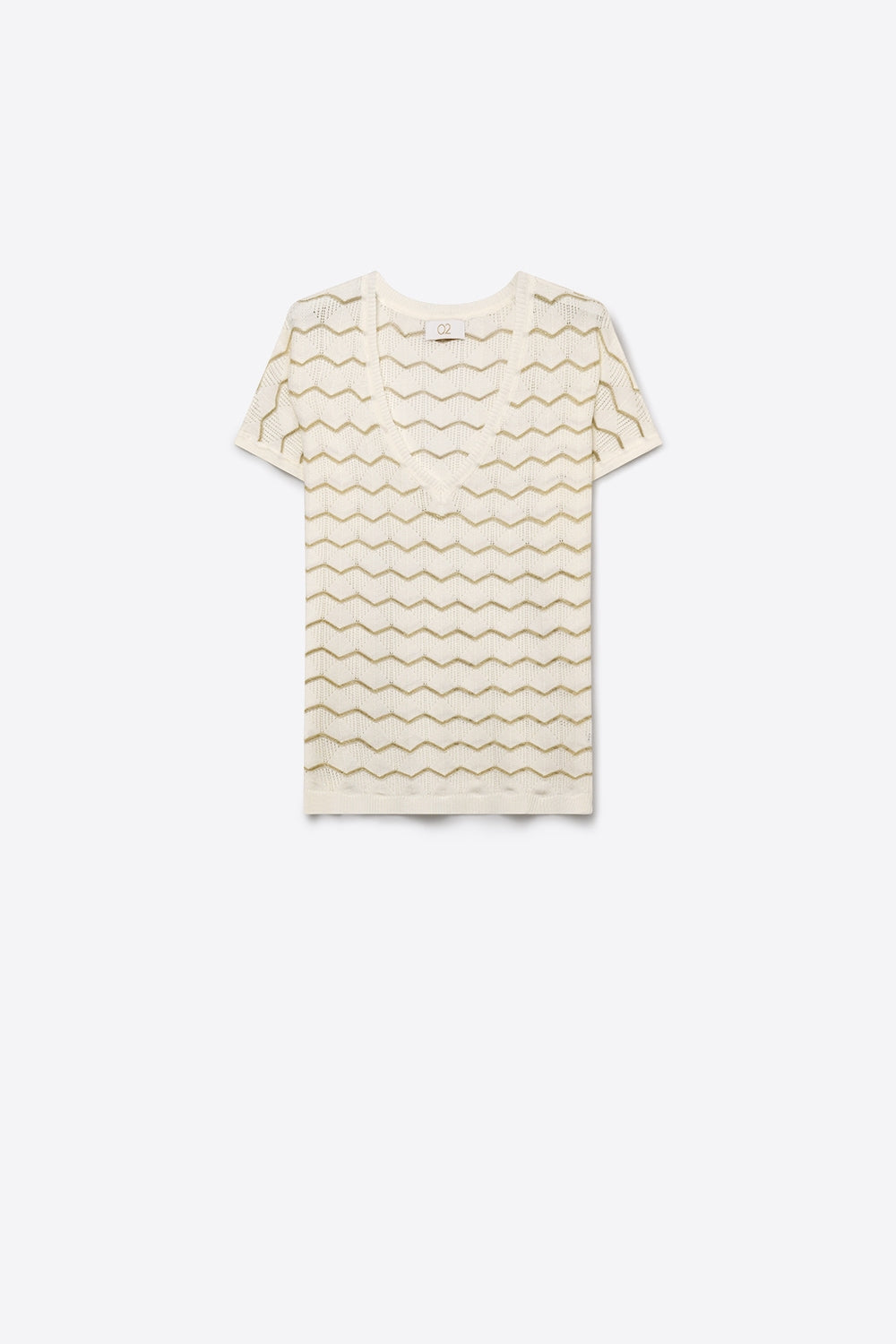 Q2 Top Cream Geo Tricot Decote V Manga Curta Ajuste Regular