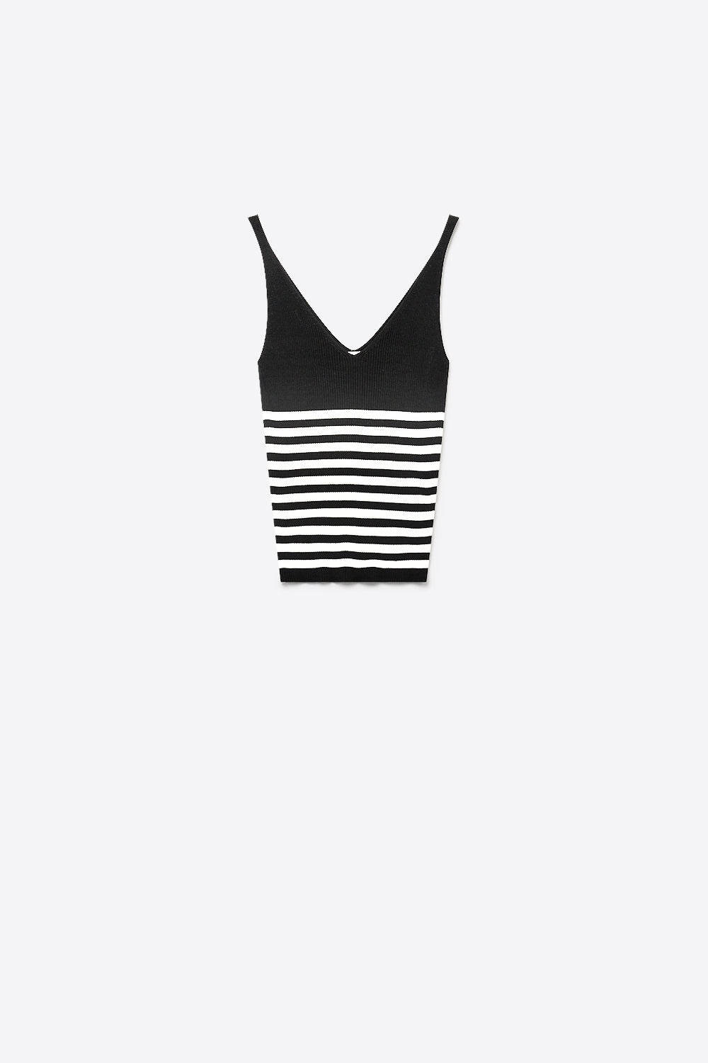 Q2 Top Cropped Ajustado de Malha Canelada com Decote V e Listras Pretas