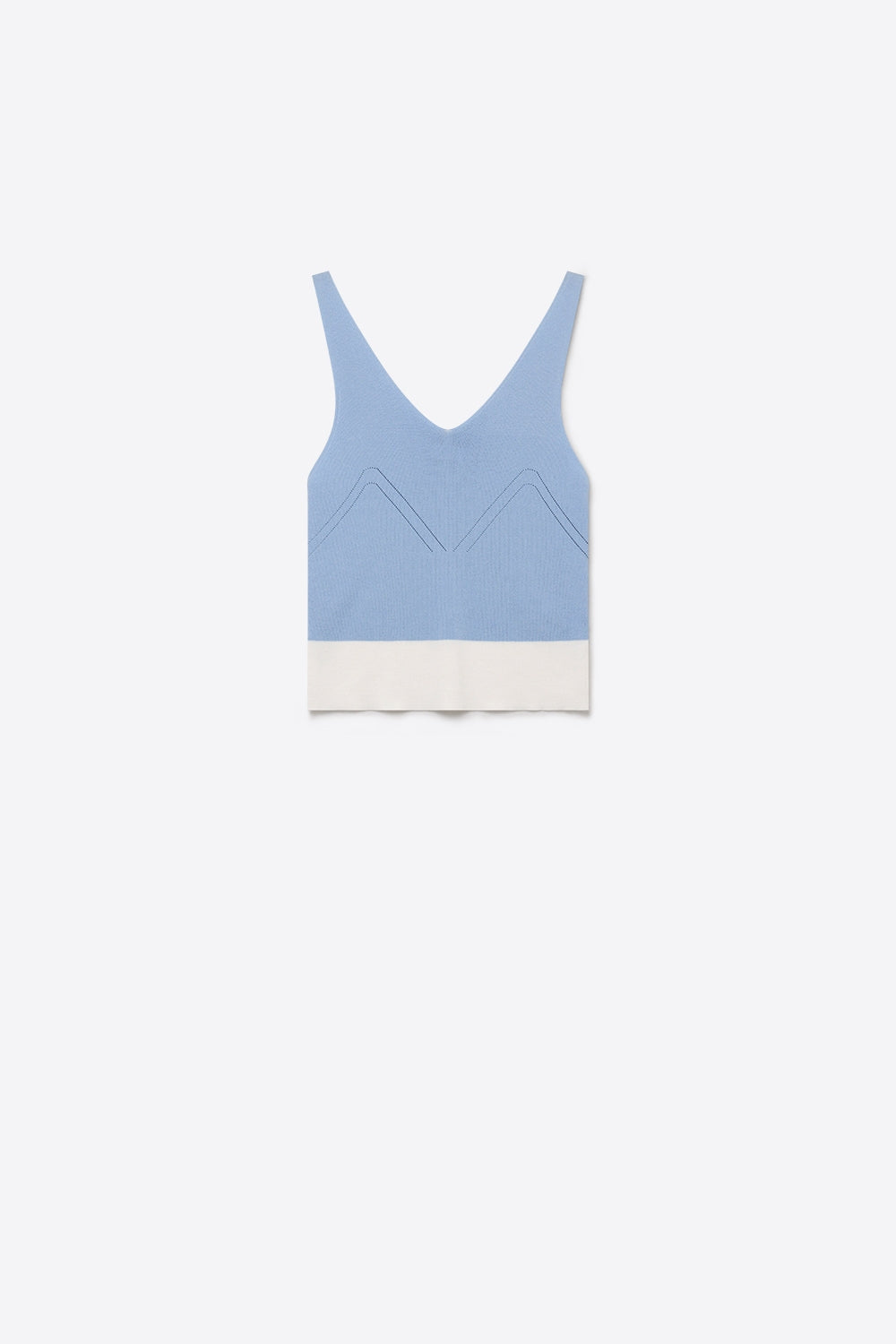 Q2 Top Cropped de Malha Canelada Azul Claro com Barra Contraste e Decote V