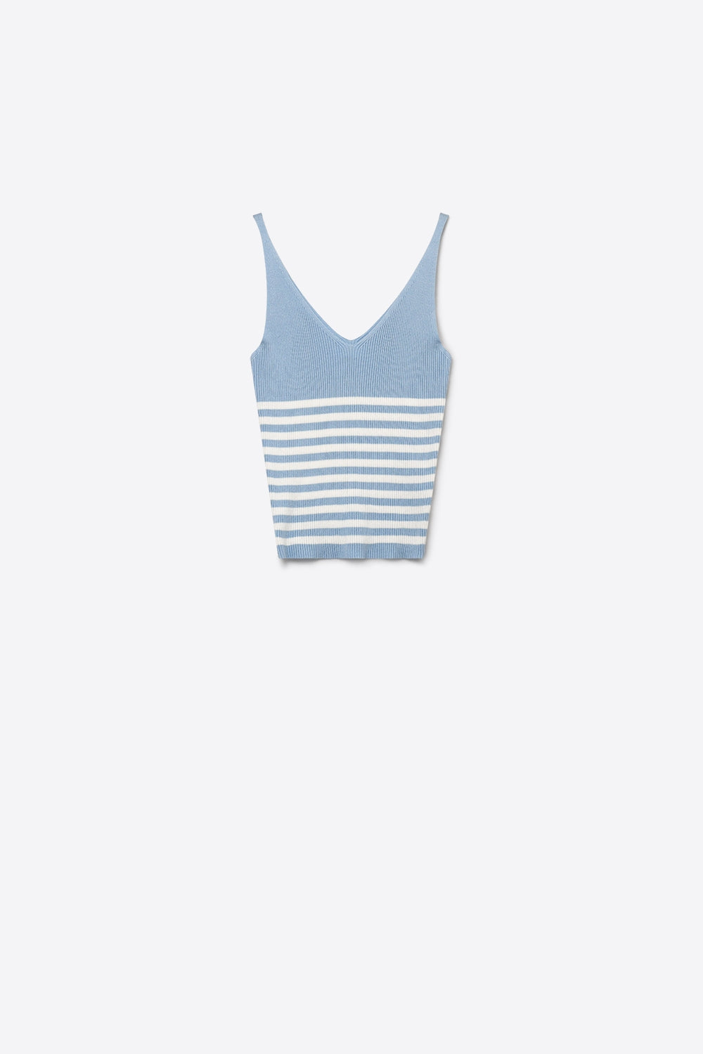 Q2 Top Cropped de Malha Canelada com Listras Brancas e Azuis Claras e Decote em V