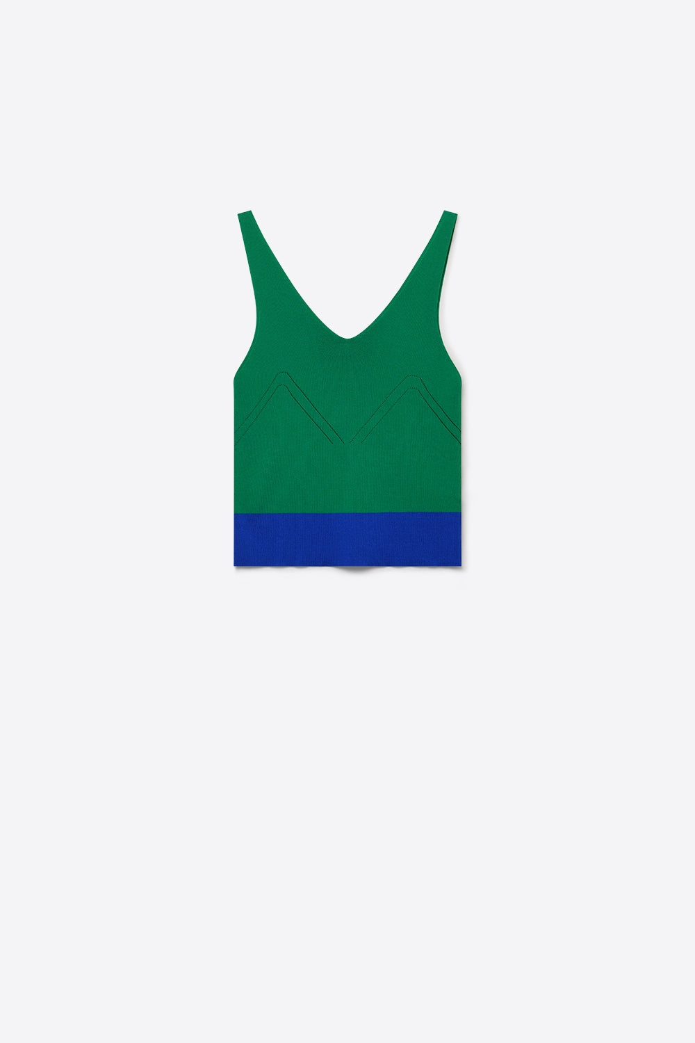 Q2 Top Cropped de Malha Canelada Verde com Blocos de Cor e Decote em V