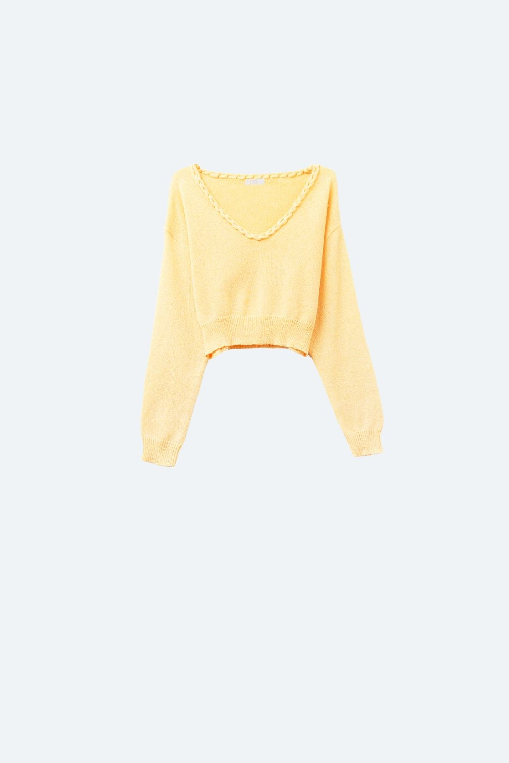 Q2 Top curto amarelo com decote em V e manga comprida