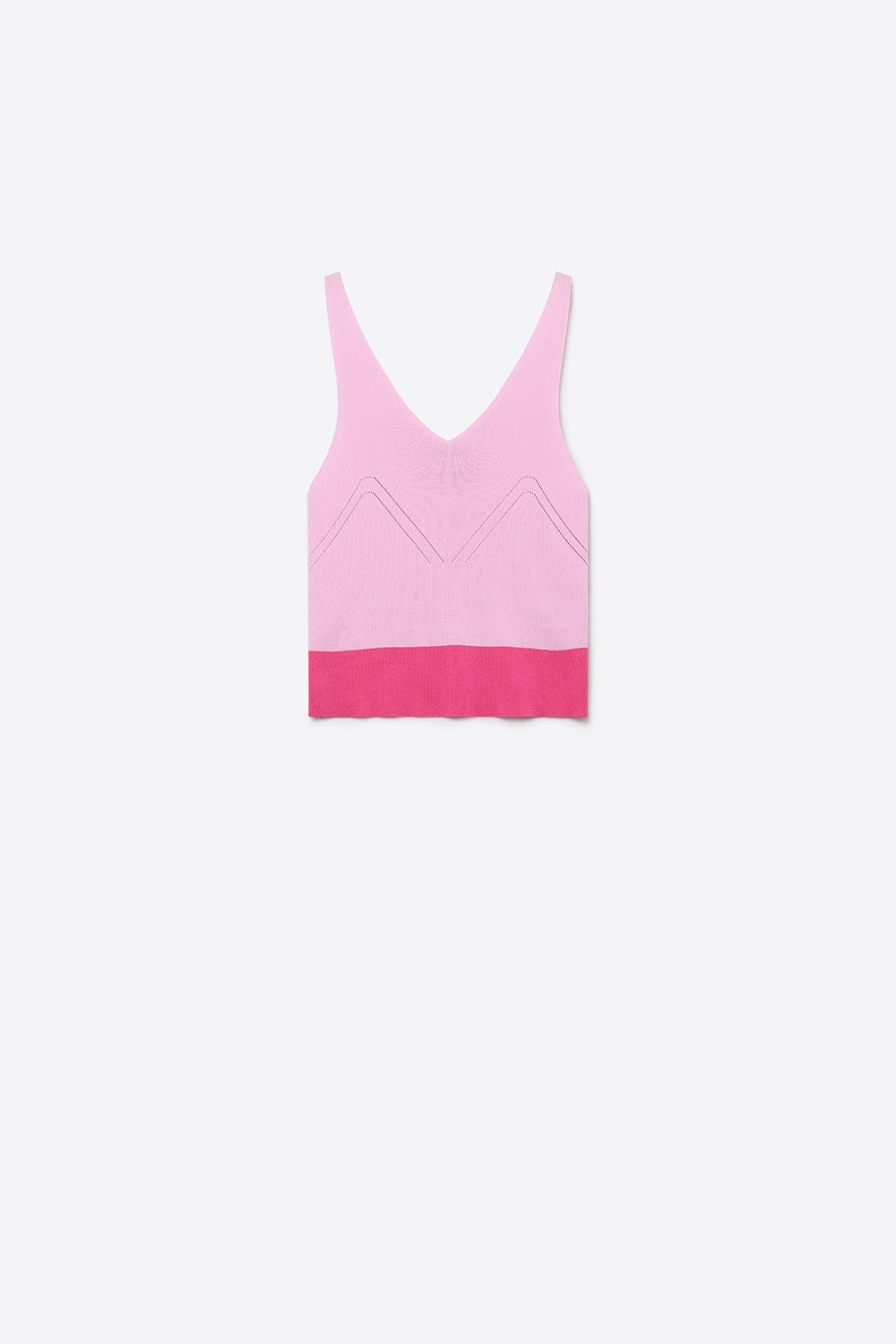 Q2 Top curto de malha canelada em rosa claro com bainha contrastante em V