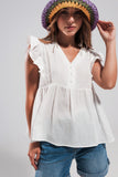 Top de algodão em branco com mangas de rufos