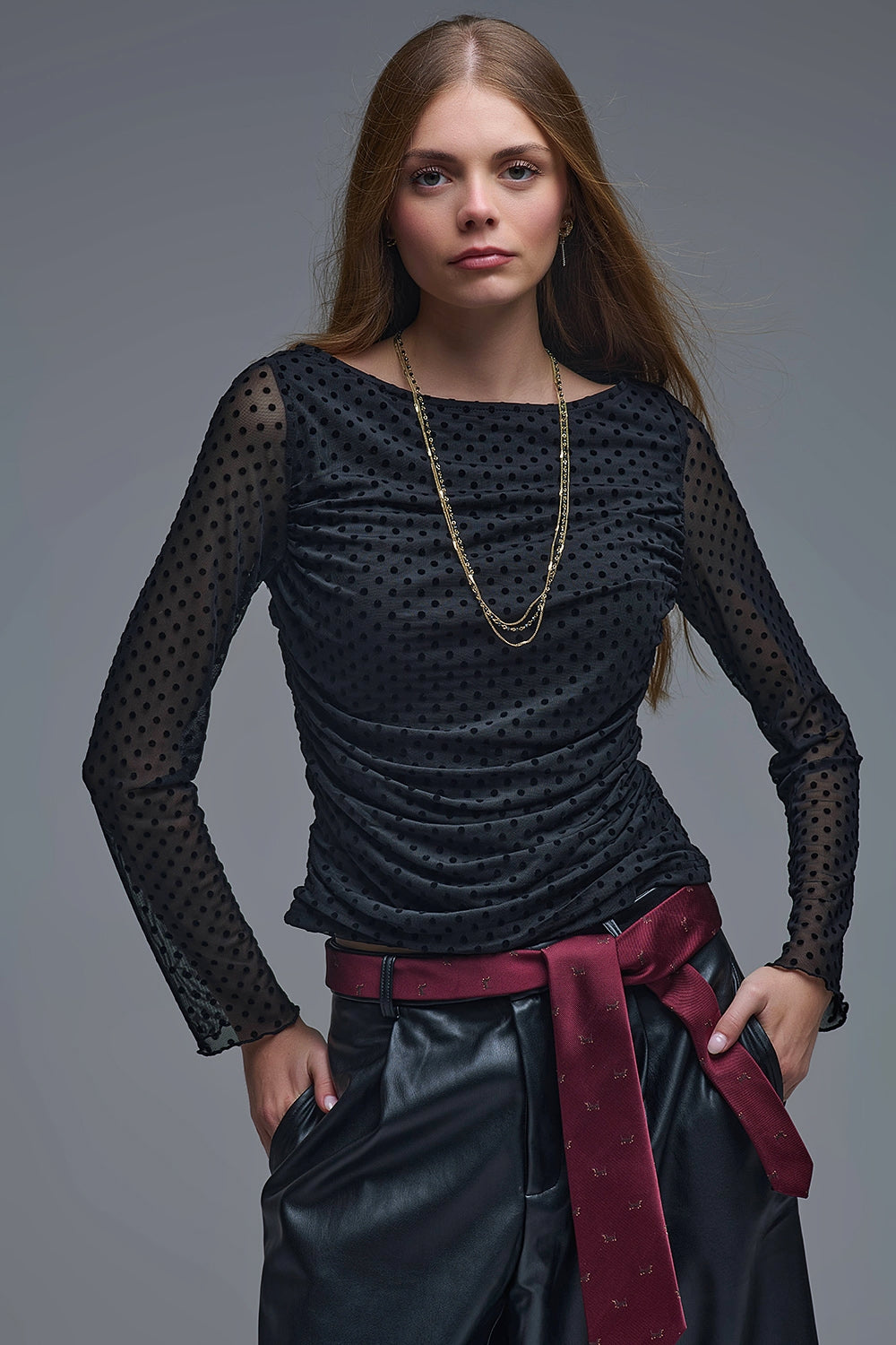 Q2 Top de bolinhas pretas chique e transparente