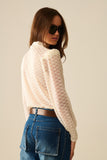 Top de Gola Alta de Renda Bege Transparente com Ombros Bufantes