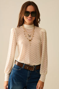 Top de Gola Alta de Renda Bege Transparente com Ombros Bufantes