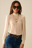 Top de Gola Alta de Renda Bege Transparente com Ombros Bufantes