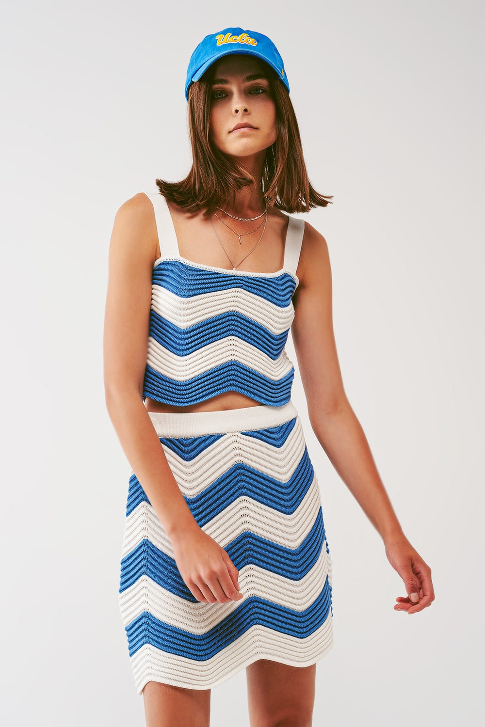 Q2 Top de malha Bandeau em branco e azul