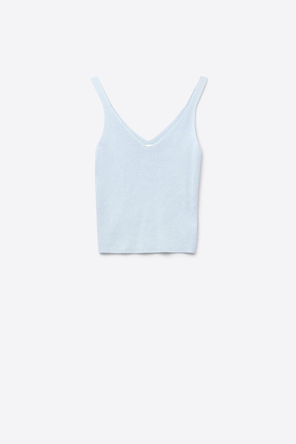 Q2 Top de malha canelada azul-bebé com decote em V e alças em forma de esparguete