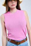 Top de malha com nervuras sem mangas em cor-de-rosa