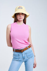 Top de malha com nervuras sem mangas em cor-de-rosa