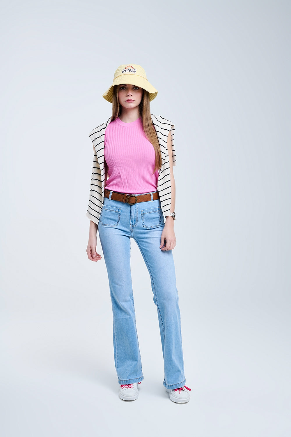 Top de malha com nervuras sem mangas em cor-de-rosa