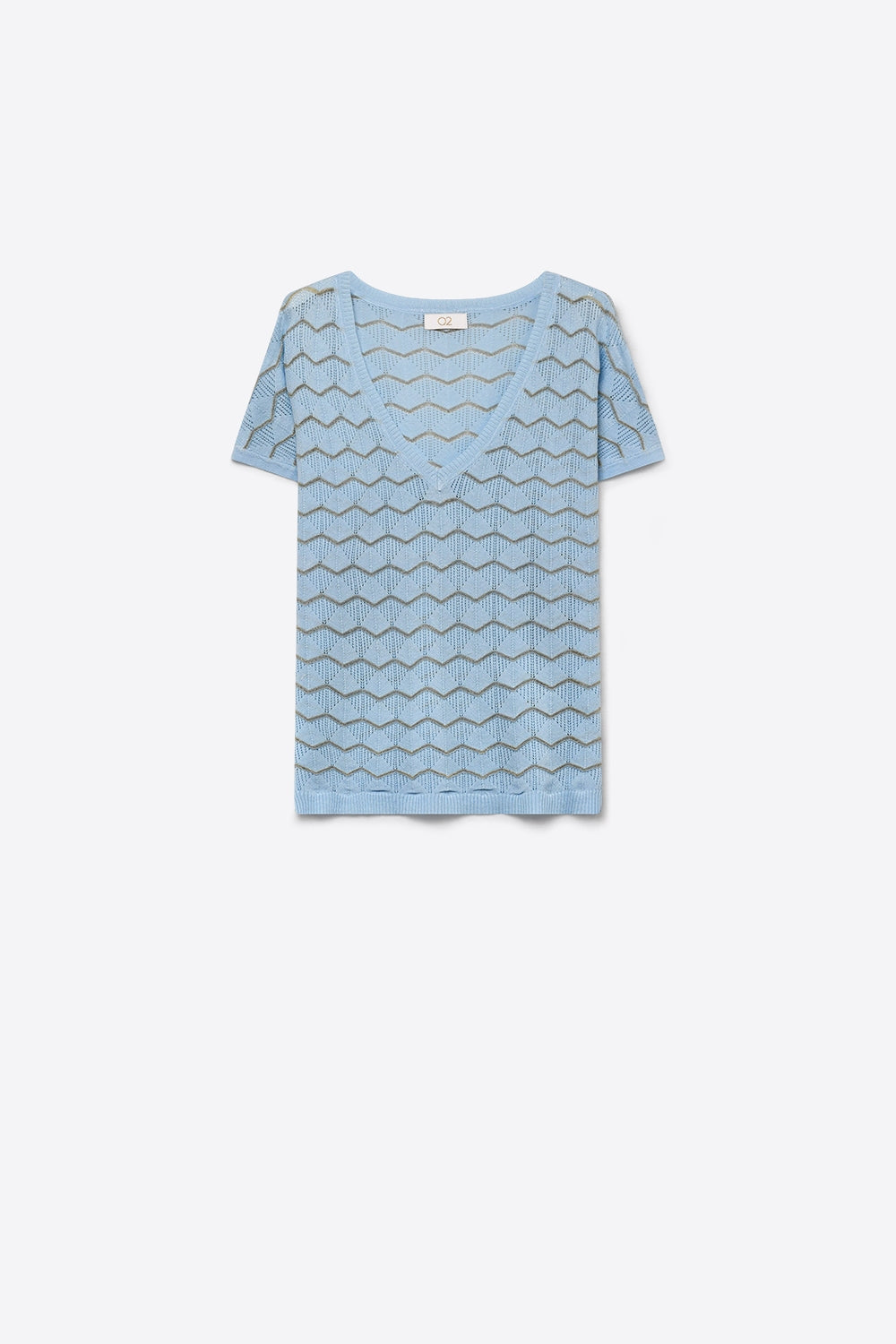Q2 Top de Malha Fina Azul Claro com Padrão Chevron e Decote em V de Manga Curta