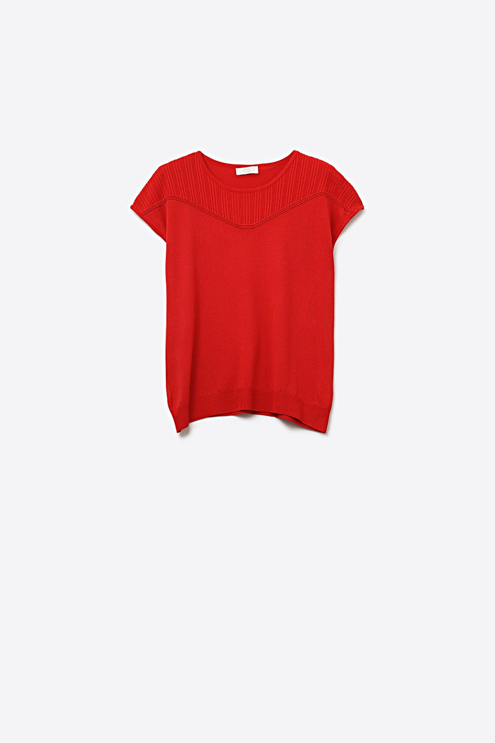 Q2 Top de Malha Fina com Detalhe Canelado Vermelho e Manga Curta
