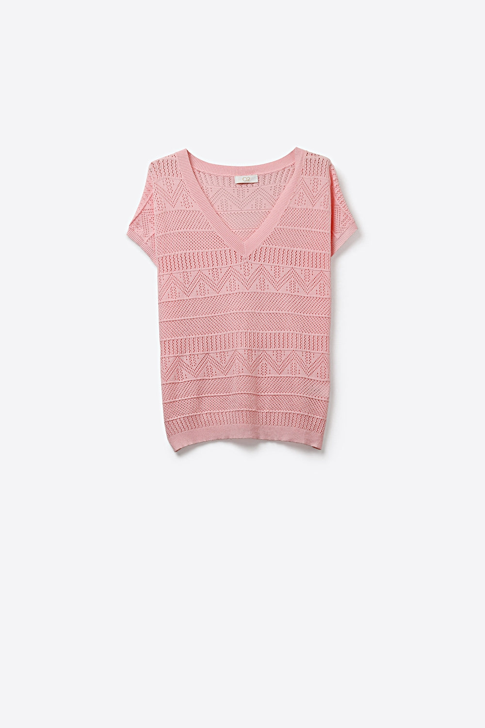 Q2 Top de malha rosa com decote em V e textura estampada