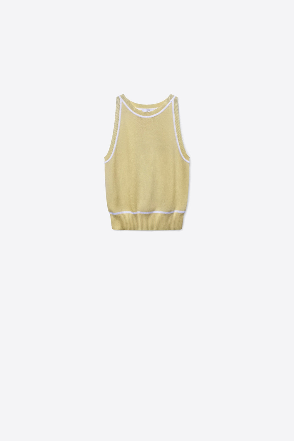 Q2 Top de malha sem mangas em amarelo manteiga com detalhes de linhas brancas