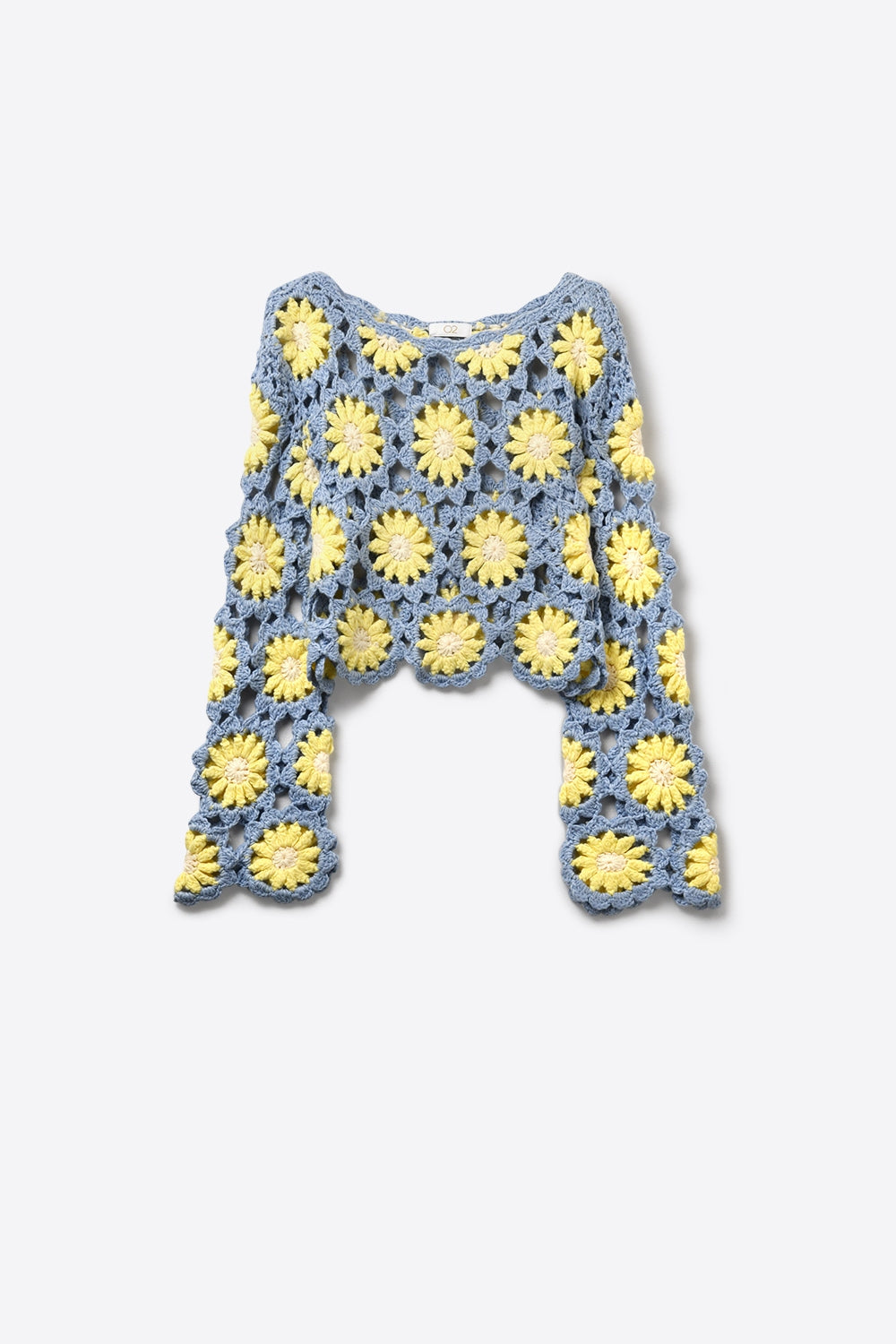 Top de manga comprida Daisy em croché azul e amarelo