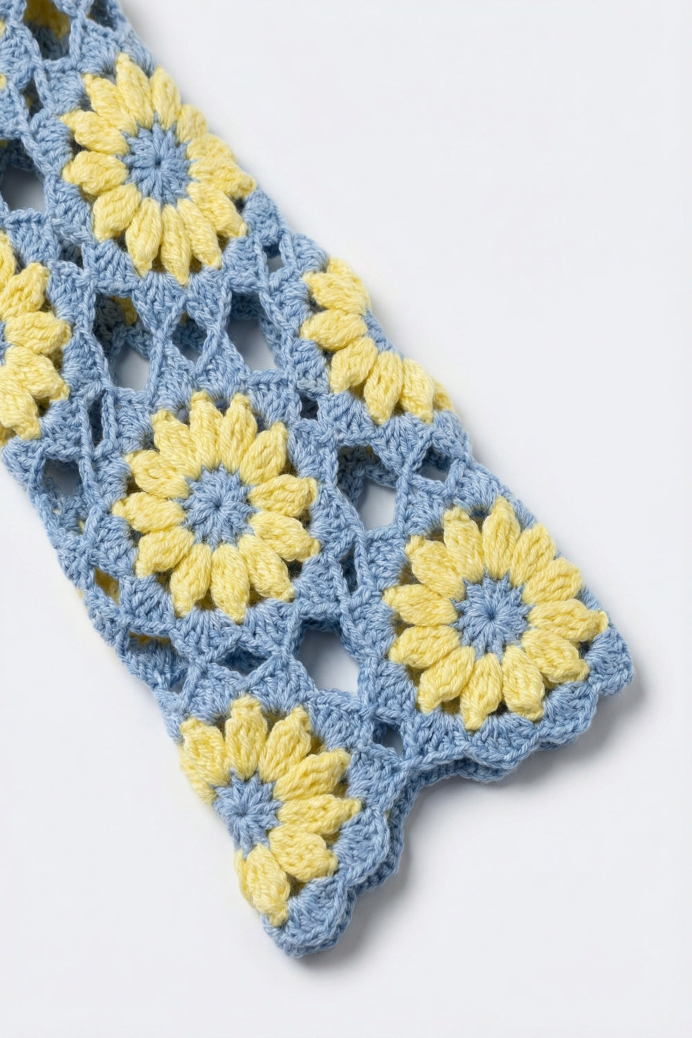 Top de manga comprida Daisy em croché azul e amarelo