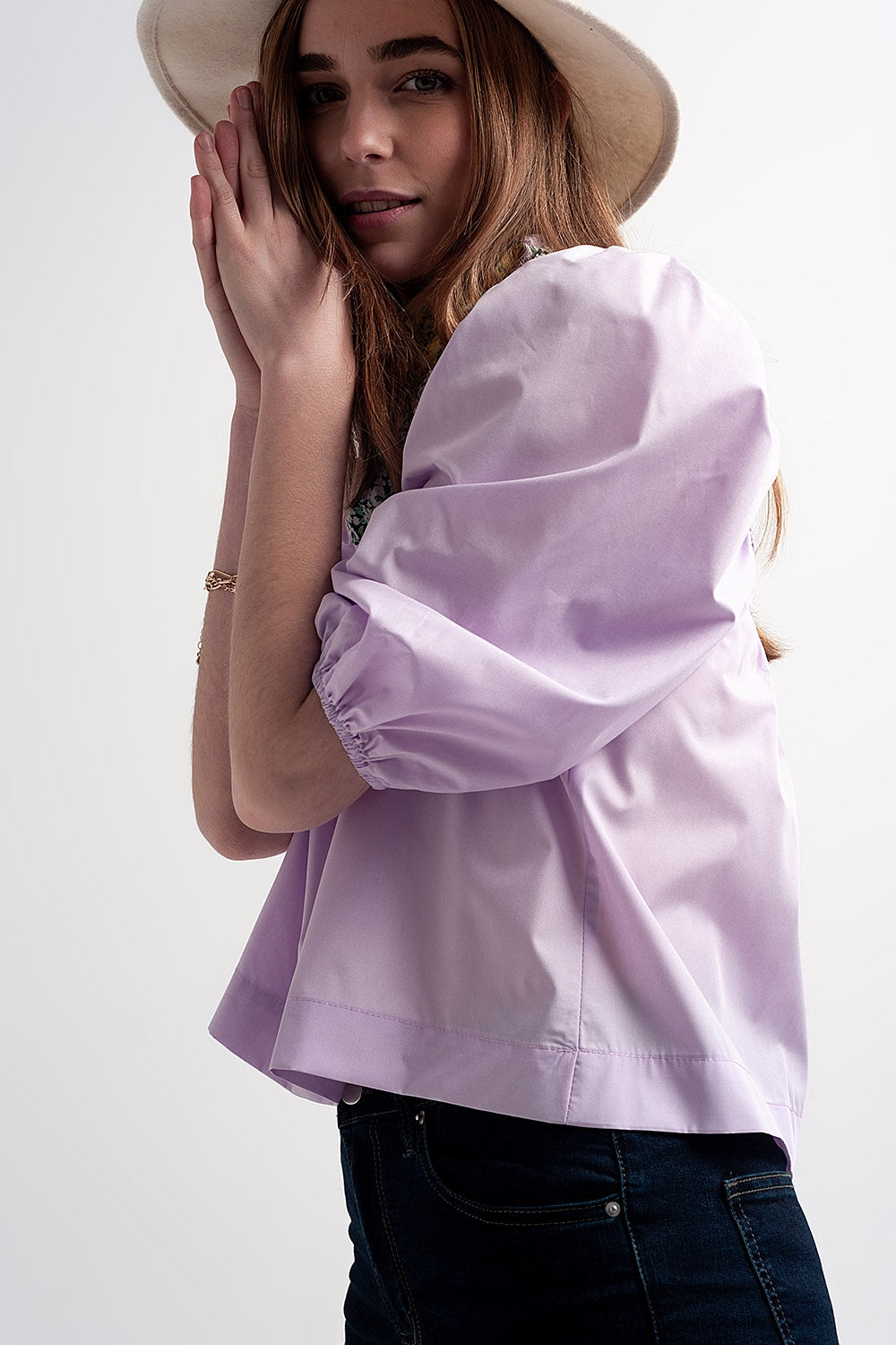 Top de manga de balão de popelina em púrpura